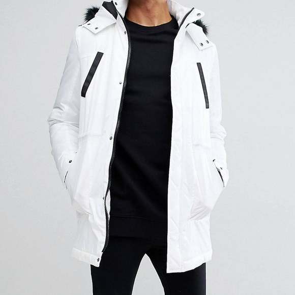 Tall Parka Jacket With Faux Fur Trim In White | Men’s Size Medium - Picture 1 of 9